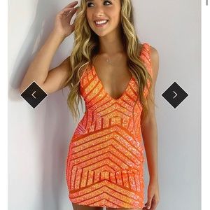 Deep V sequin orange dress